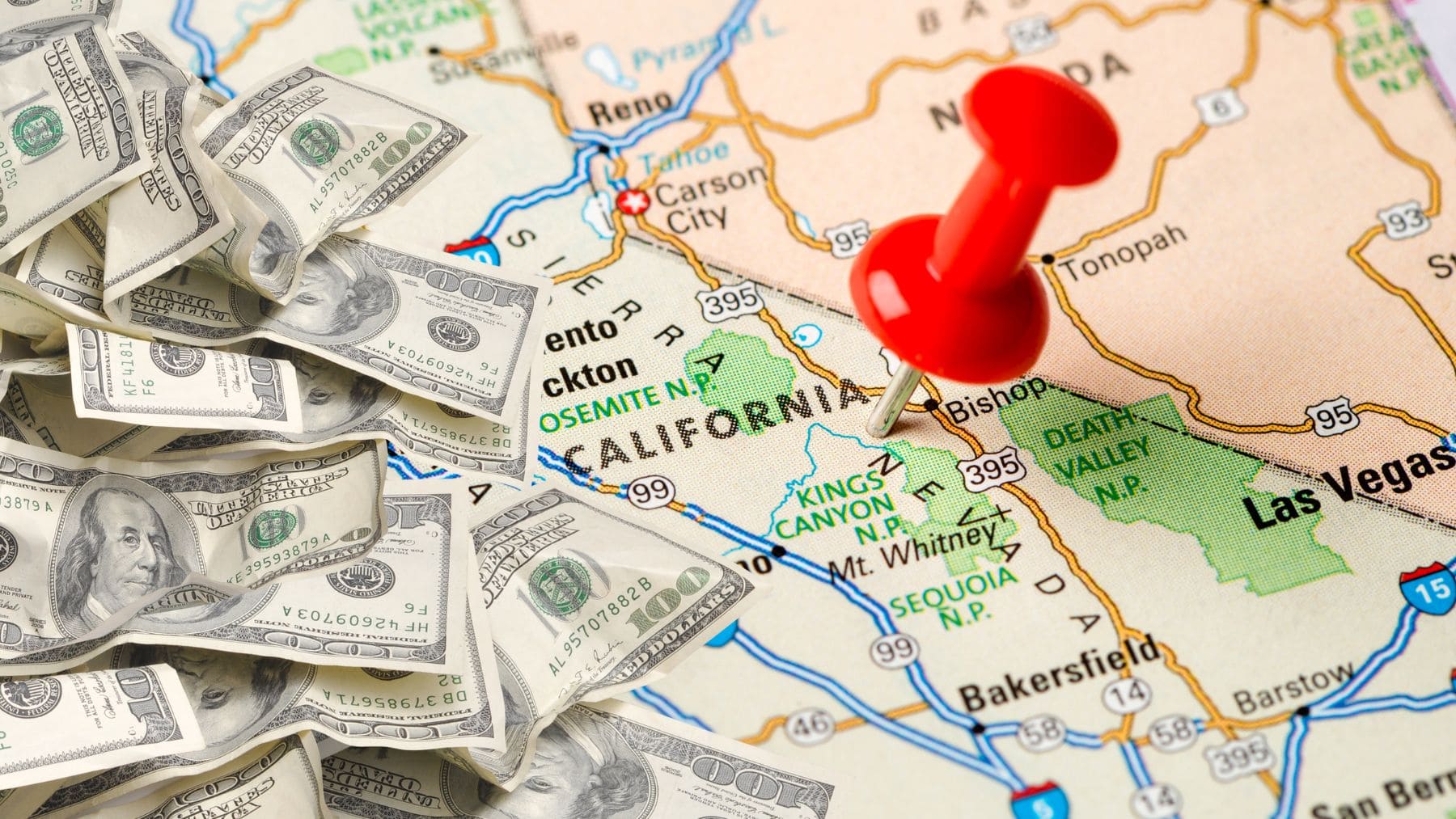 A Caliofrnia map with the money from the Stimulus check