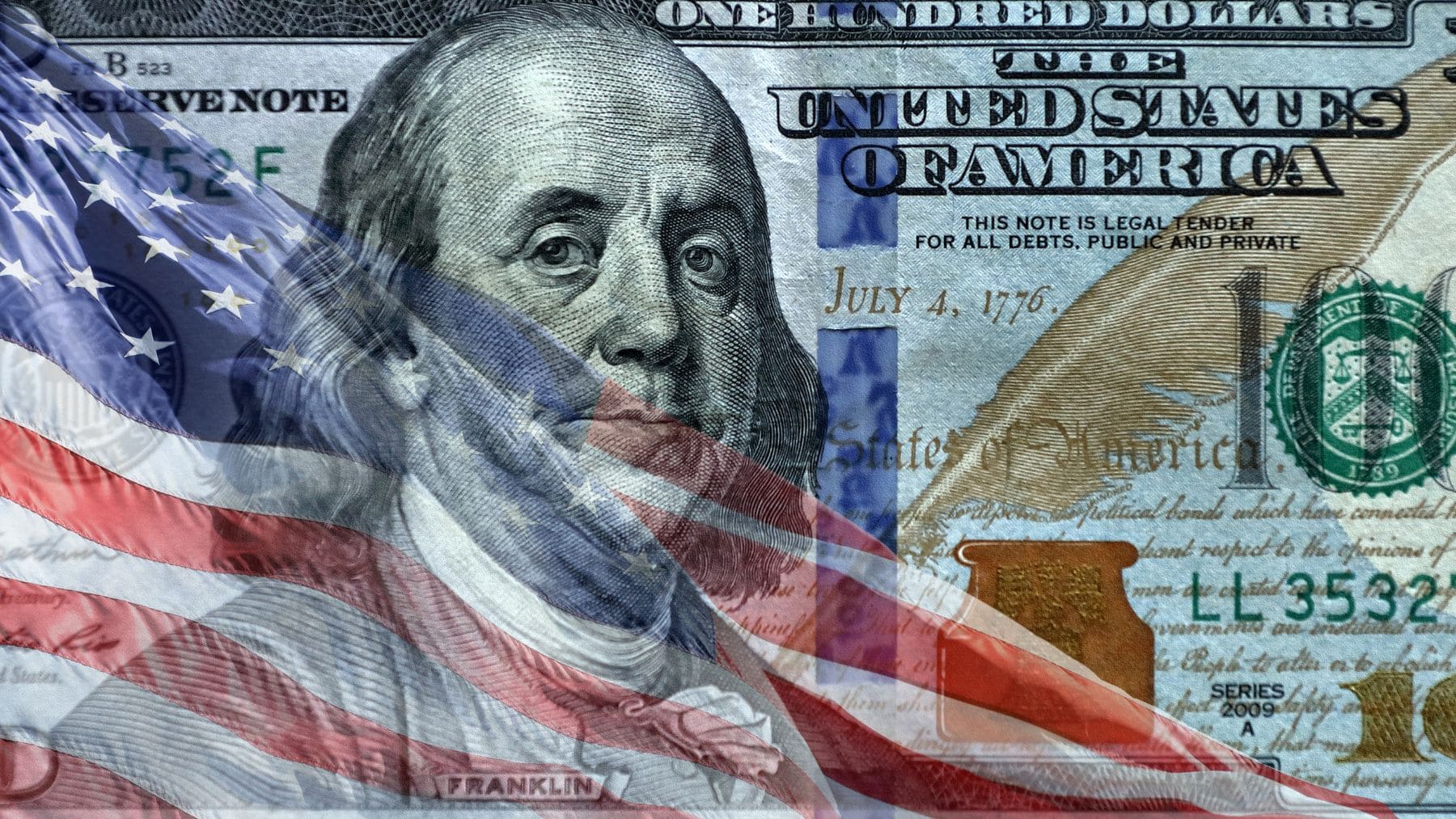 Stimulus check money with an american flag