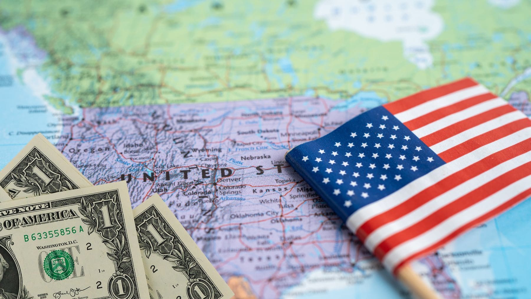 United States map with a Flag and money from retirement