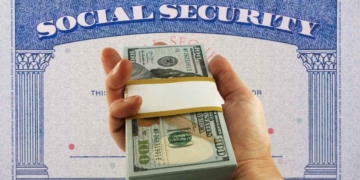 SSA card and hand with dollar wad since this will be the third Social Security payment in October 2023