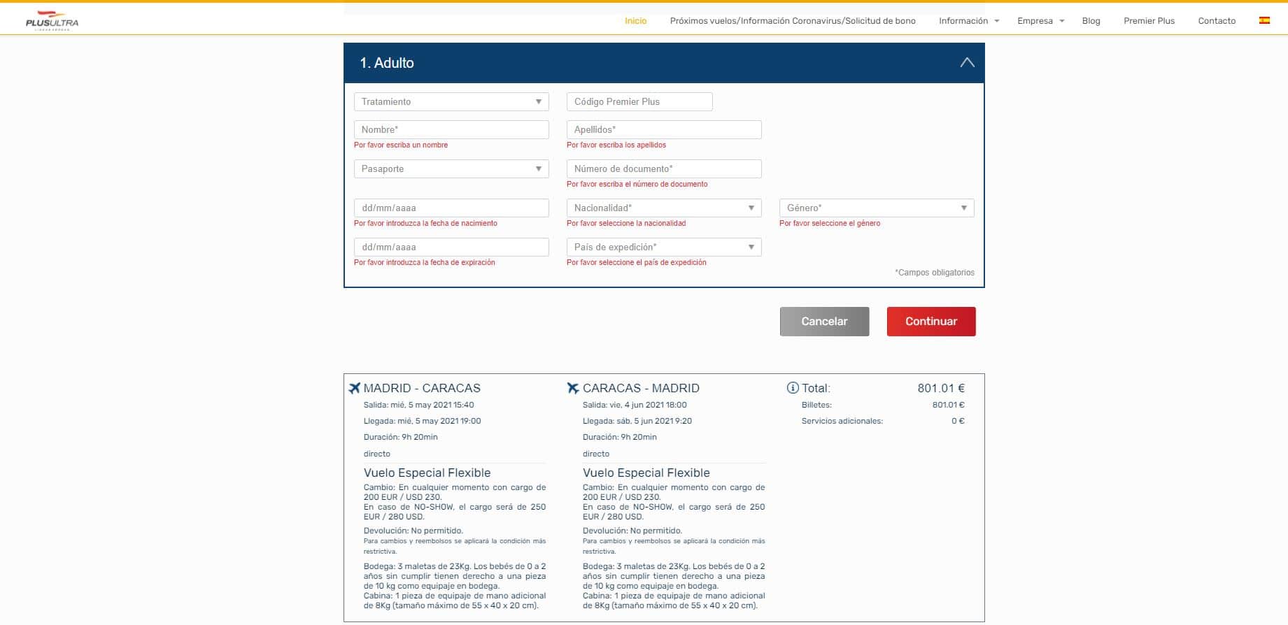 Cómo reservar un vuelo en Plus Ultra - Paso 4