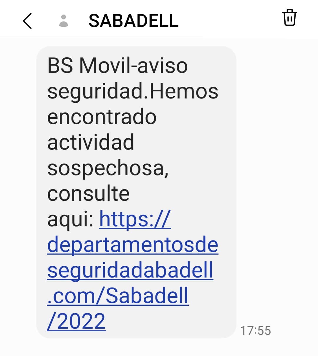 Mensaje fraudulento sobre Banco Sabadell./ Foto de Canva