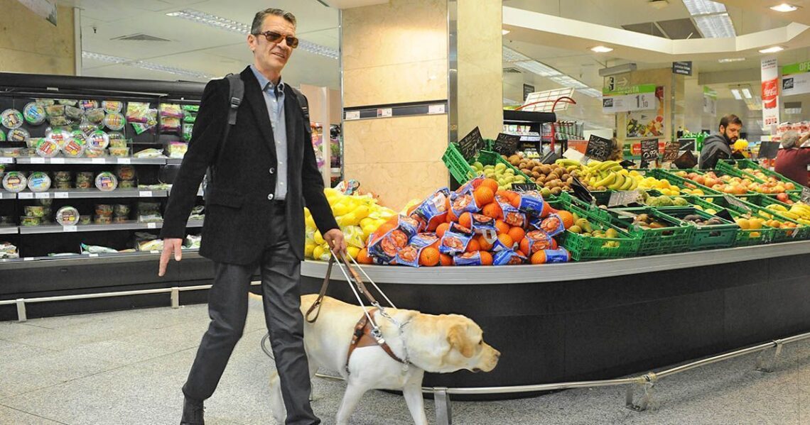 Persona ciega con perro guía en el supermercado