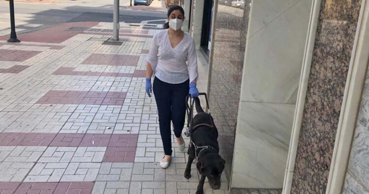 Una persona ciega paseando con su perro guía durante el estado de alarma