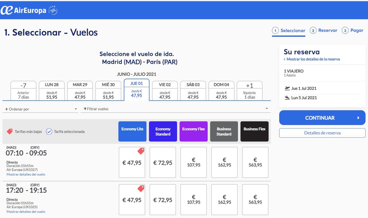 Segundo paso para reservar un vuelo con Air Europa