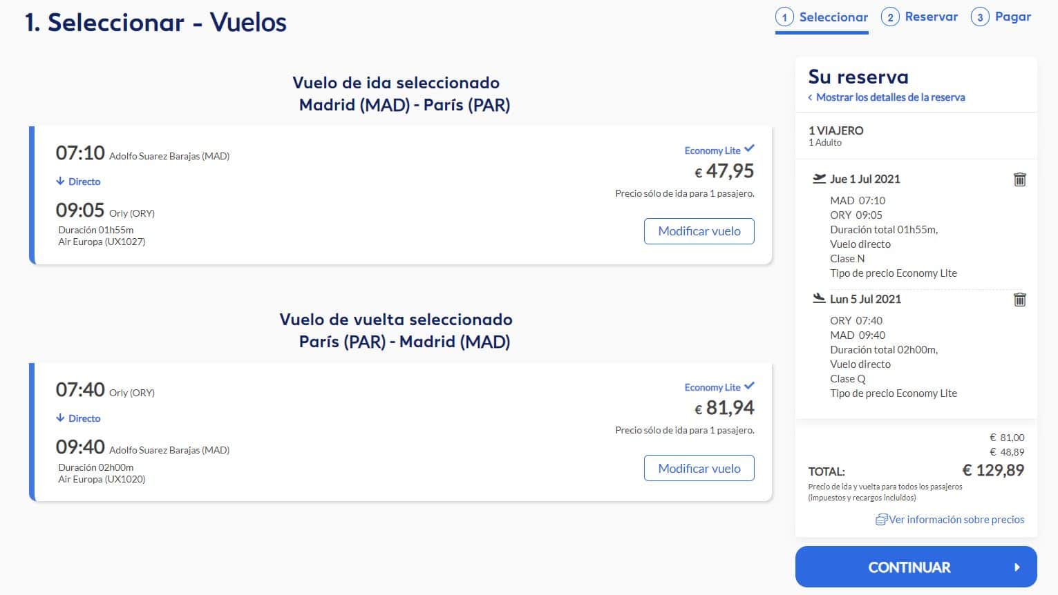 Tercer paso para reservar un vuelo con Air Europa