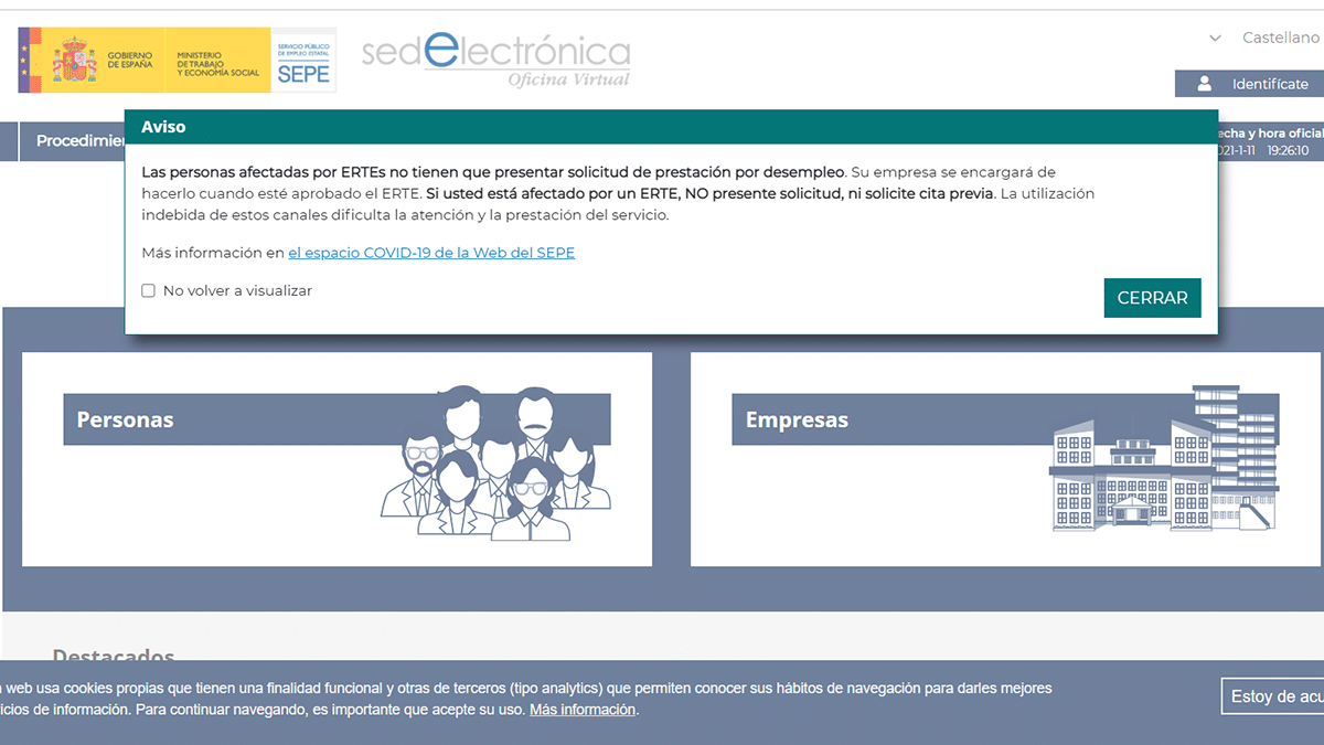 Web del SEPE para solicitar el paro