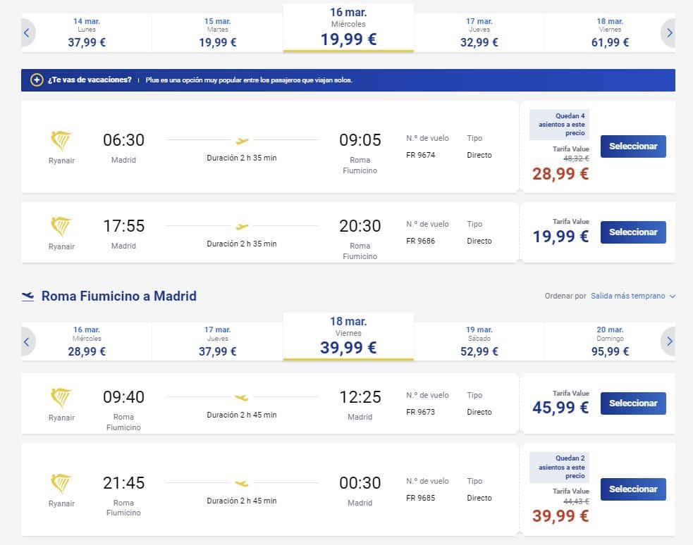 Vuelos de Ryanair para viajar desde Madrid a Roma 