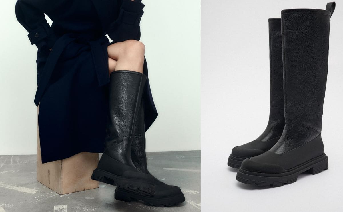 Botas altas de piel con borreguito rebajadas en Zara