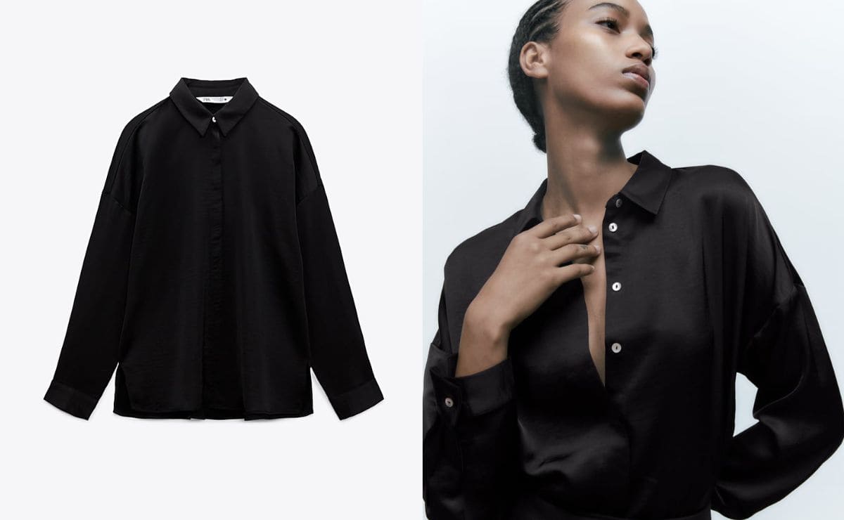 Camisa negra satinada de Zara en rebajas