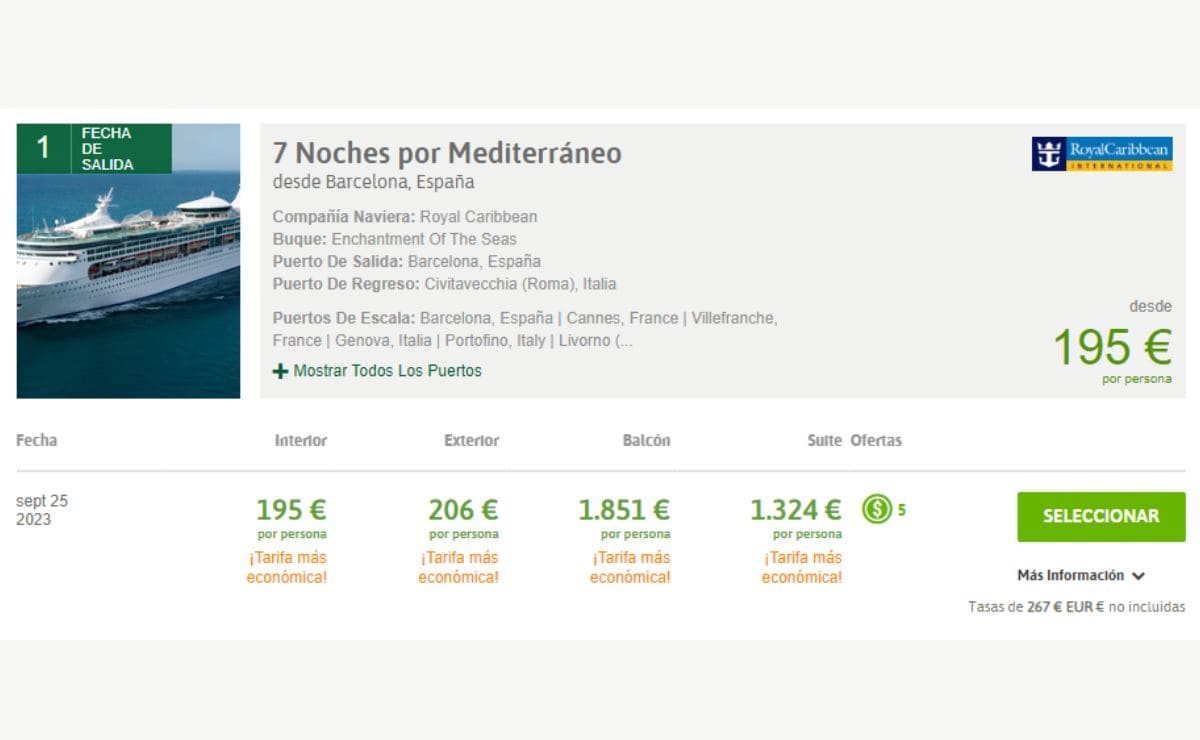 Listado de precios del Crucero por el Mediterráneo de Viajes El Corte Inglés