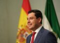 Juanma Moreno, presidente de la Junta de Andalucía, en una rueda de prensa