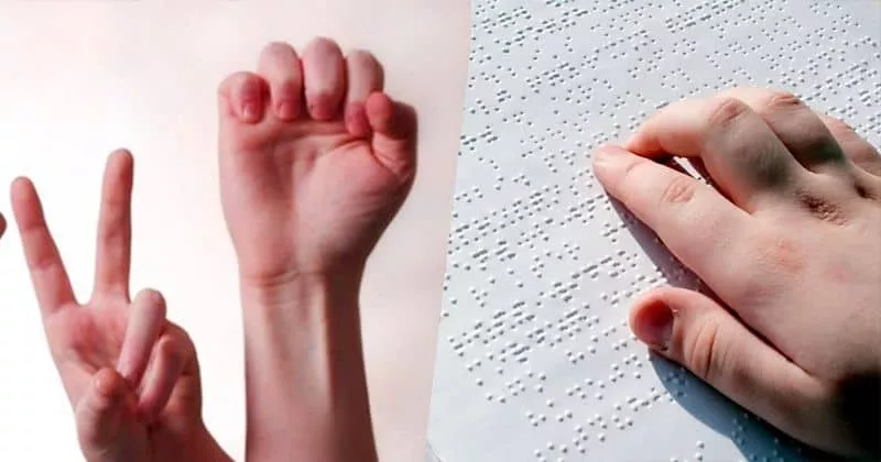 manos en lengua de signos y lectura en braille