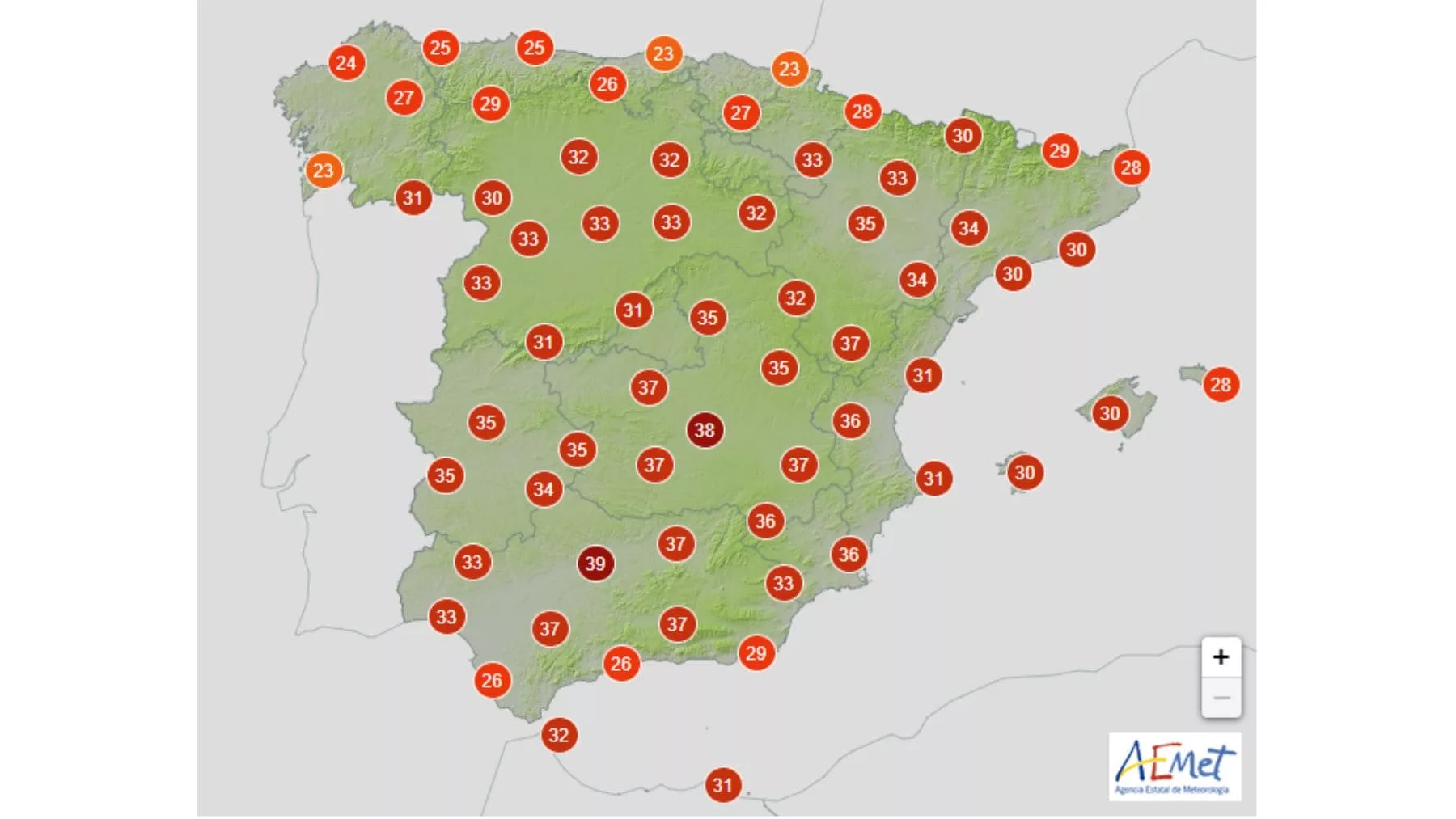 Mapa de temperaturas en España el 31 de julio de 2023
