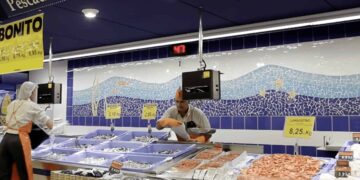 Sección de Pescadería de Mercadona con cajas verdes y azules