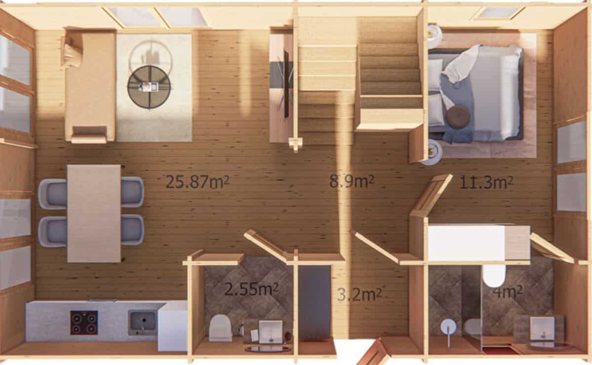 Plano primer piso casa prefabricada 'Alto' de Maestro Casas
