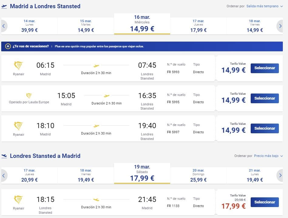 Vuelos de Ryanair para viajar desde Madrid a Londres