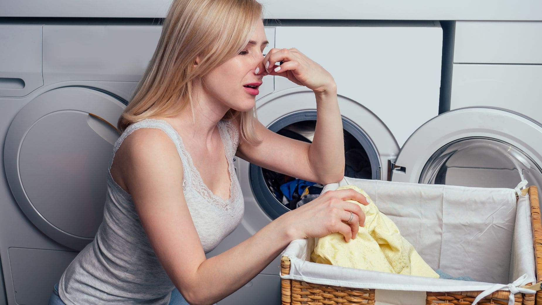 Неприятный чисто. Женщина стирает. Женщина стирка. Девушка в стиральной машине. Неприятный запах от одежды.
