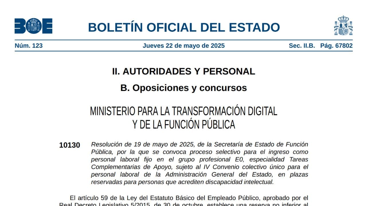El BOE convoca 295 plazas de empleo público para personas con discapacidad intelectual en mayo de 2025